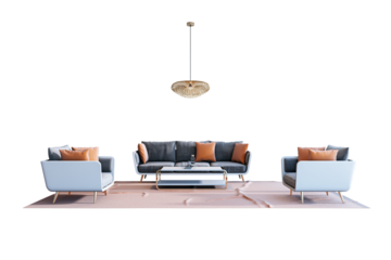 Stylish modern furniture set featuring sofa, armchairs, coffee table, and pendant light on a clean white background. Interior design concept. 3D Rendering