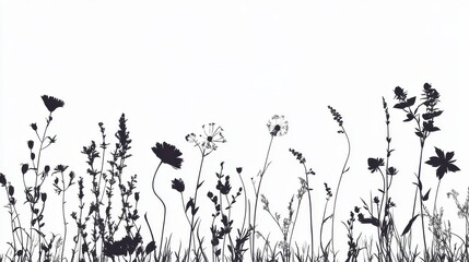 Silhouette of wild herbs and flowers on white background
