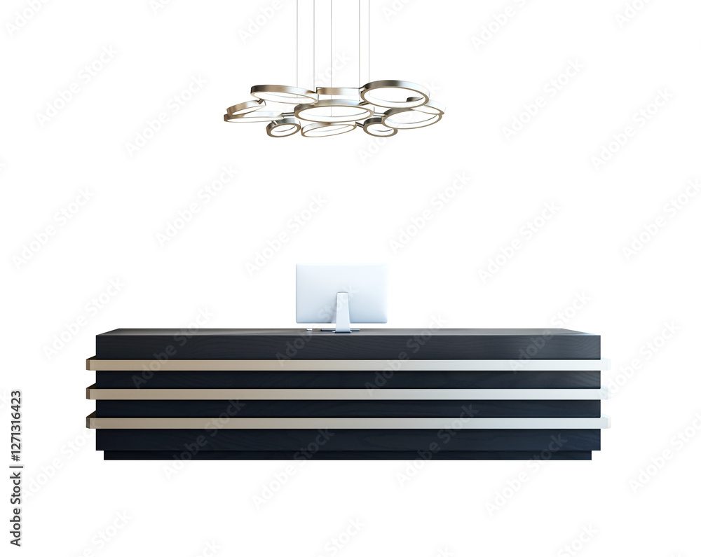 Poster Contemporary reception desk with computer and circular pendant light, isolated on white background. Minimalist interior furniture design element. 3D Rendering.