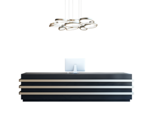 Contemporary reception desk with computer and circular pendant light, isolated on white background. Minimalist interior furniture design element. 3D Rendering.