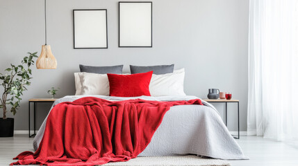 Modern bedroom with red and gray accents and minimalist decor