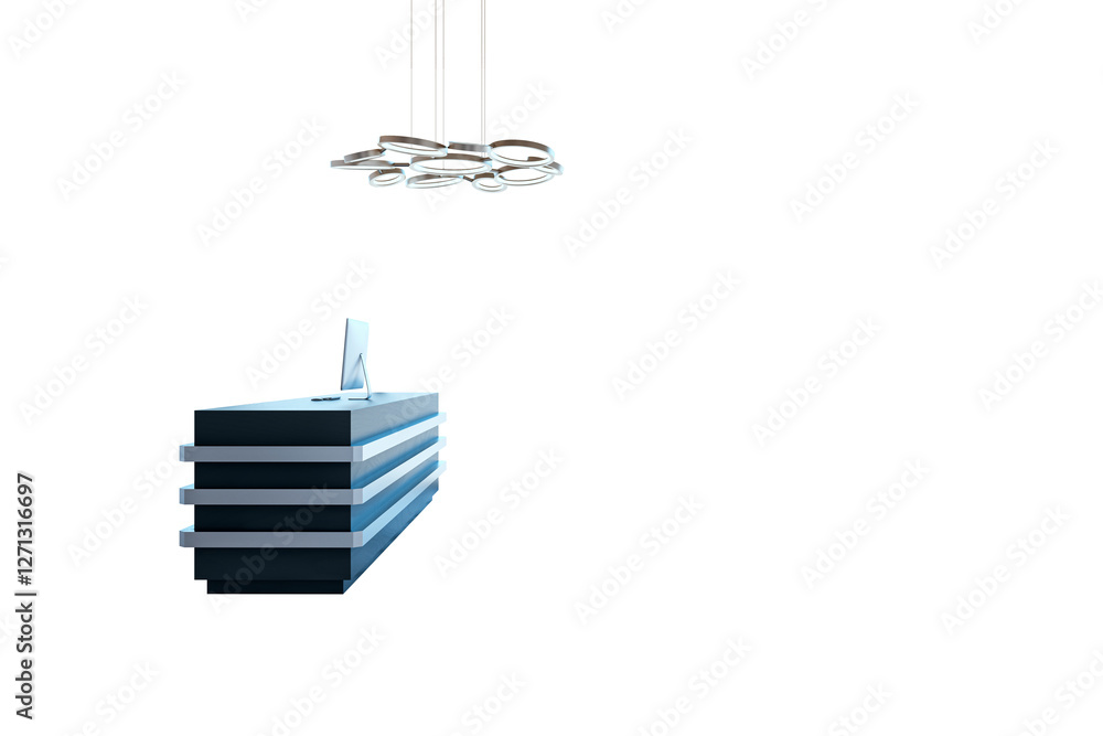 Poster reception desk with computer and modern ceiling light, isolated on white background. minimalist inte
