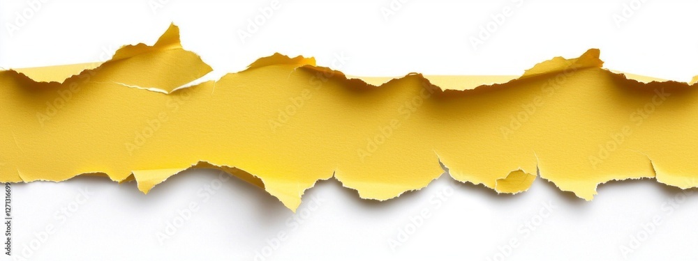 Poster vivid yellow strips of ripped paper lie against a clean white background, featuring jagged edges tha