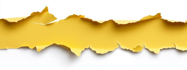 Vivid yellow strips of ripped paper lie against a clean white background, featuring jagged edges that create a striking visual contrast perfect for crafting and art projects