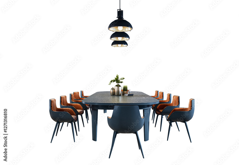 Poster elegant dining table with chairs and pendant light, isolated on white background. modern interior de