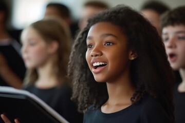 Obraz premium School choir practicing a song in a vibrant music room, featuring a young girl singing joyfully with her mouth wide open