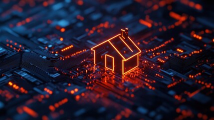 Obraz premium Smart system management and smart home technologies concept with glowing digital home icon surrounded by circuit lines, IOT on dark background. 3D rendering