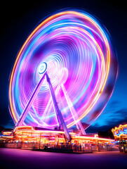 Ferris wheel light trails at night fairground