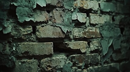 Urban grunge old brick wall background with darkened edges and peeling paint remnants, creating a rough city aesthetic.