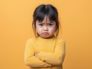 studio portrait of sad young Asian child isolated on yellow background