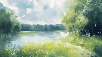Fotobehang Impressionist landscape spring landscape with loose brushstrokes and a focus on light. Impressionist Landscape. Illustration © Johannes