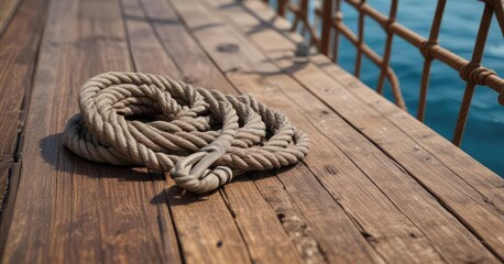 Fototapeta premium Coiled rope on wooden ship railing during sailing , railing, ocean, movement