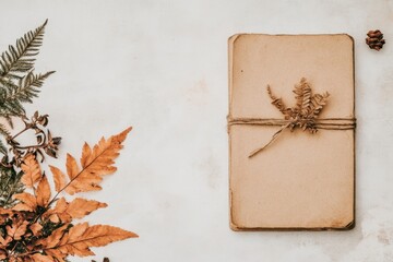 Autumn-inspired stationery arrangement with dried leaves