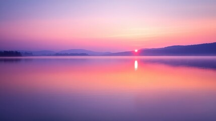 Fototapeta premium Vibrant sunrise over a tranquil lake, with soft reflections and a clear sky for adding text or design elements.