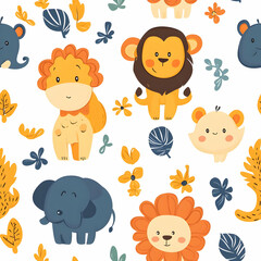 Fototapeta premium Cute cartoon animals and leaves in a playful pattern.
