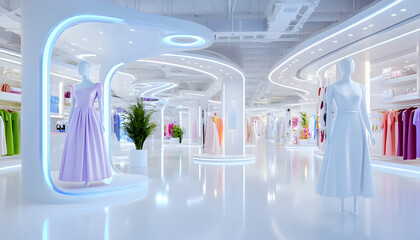 Futuristic clothing store interior, mannequins display dresses, bright lighting, minimalist design, retail