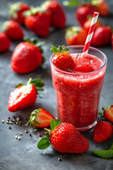 Refreshing strawberry smoothie in a glass garnished with fresh strawberries on a textured surface
