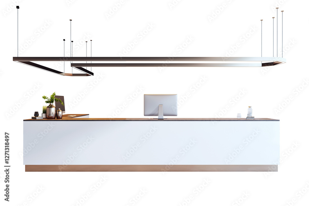 Aufkleber Elegant reception desk with decor items and a computer, set against a white background. Modern hanging lights above complete the stylish layout. 3D Rendering.