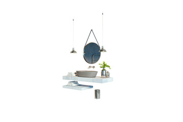 Contemporary bathroom setup with floating shelves, vessel sink, round mirror, pendant lights, towels, and decorative elements on white background. 3D Rendering.