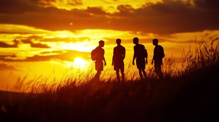 Four silhouetted figures stand against a glowing sunset, symbolizing friendship and adventure amidst nature’s beauty.