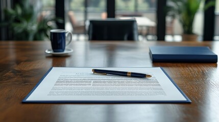 A black ink pen resting on a blank sheet of white paper on a wooden desk surface