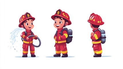 Three Firefighter Boys in Cartoon Style