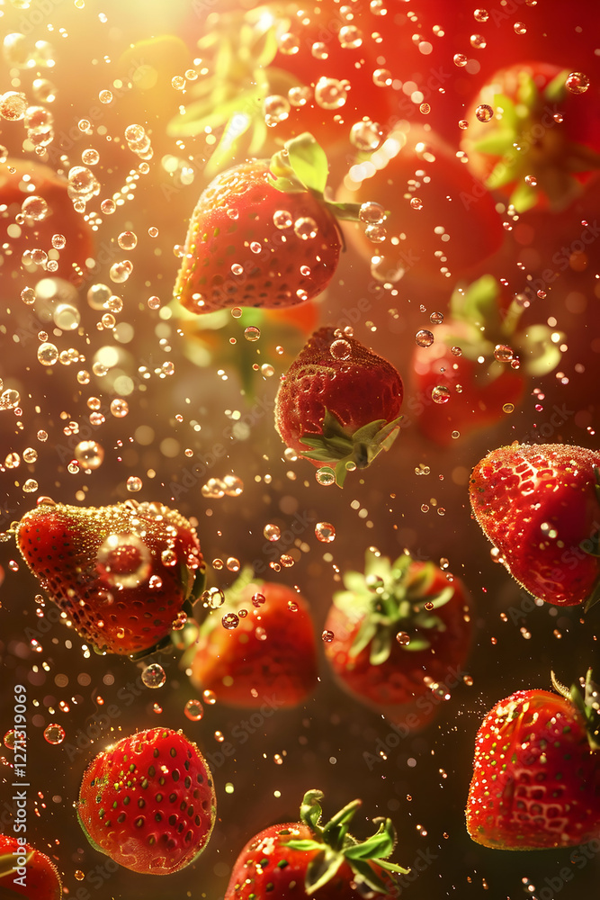 Poster fresh strawberries submerged in sparkling water, creating a vibrant and refreshing scene