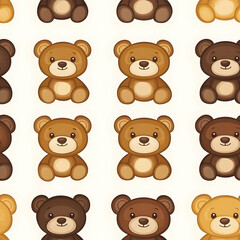 Fototapeta premium Cute pattern of cartoon teddy bears in various shades on a light background.