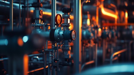 Fototapeta premium A complex array of industrial pipes and gauges in a factory, bathed in warm light, conveys the precision and intricacy of modern engineering.