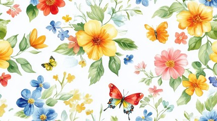 Seamless watercolor flower rainbow design. Rainbows, butterflies, and adorable, vibrant spring flowers on a white backdrop. the hues yellow, coral, green, and blue. fanciful floral pattern. wallpaper