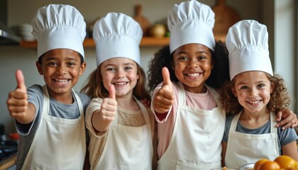 Diverse happy children wearing chef hats smile, give thumbs up in kitchen. Kids cooking class teamwork. Boy, girls culinary learning food preparation. Home cooking, childhood fun, joyful creative