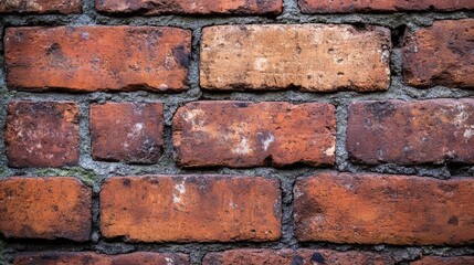 Fototapeta premium Weathered red brick wall background with chipped edges and faded mortar, creating a rustic and vintage aesthetic, perfect for copy space.
