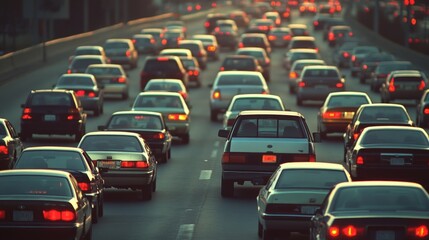 Obraz premium Cars packed tightly on the freeway, headlights gleaming, illustrating the daily grind of rush hour traffic against a sunset backdrop.