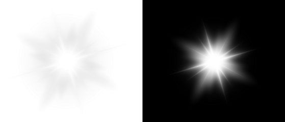 Yellow star flashed with sparkles sun isolated on white background. Soft glow without departing rays, sunlight with lens flare effect. PNG vector light effect