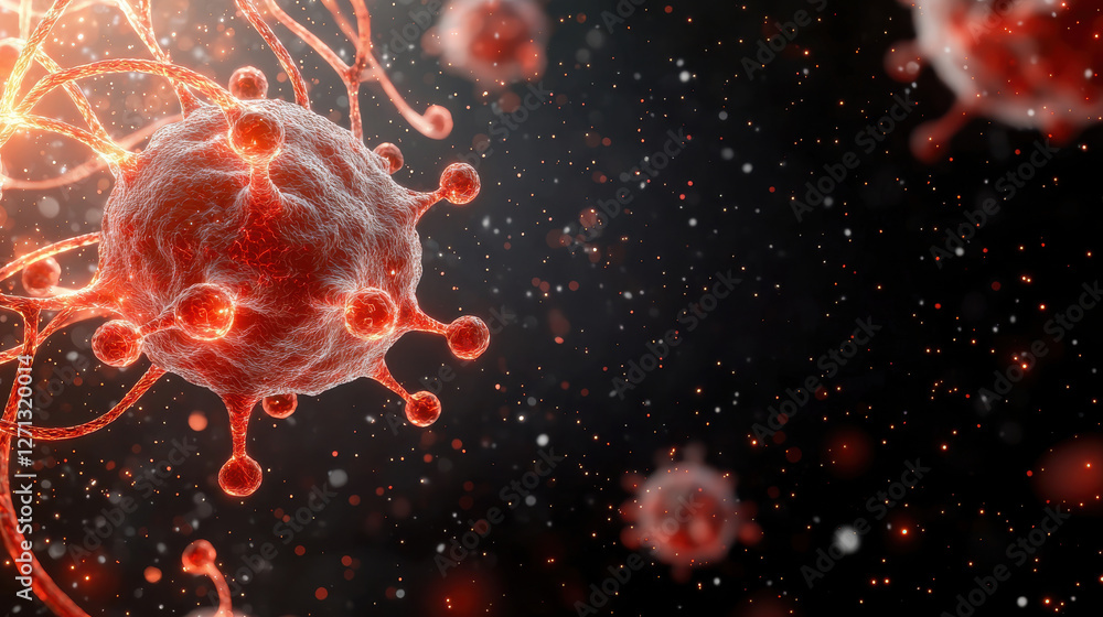 Poster hmpv concept, dynamic 3d visualization of virus particles dark background, showcasing intricate deta