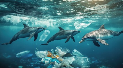 Naklejka premium Three dolphins navigate through polluted ocean waters, surrounded by plastic debris floating by