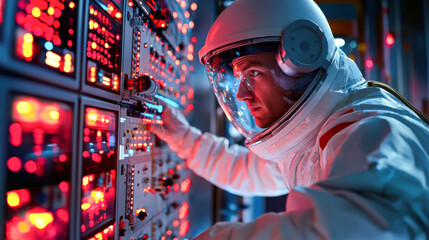 Astronaut in space suit operating control panel with red lights
