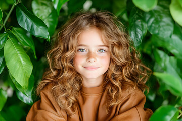 Fototapeta premium Girl with curly hair smiles, green leaves background, nature portrait, for children's book