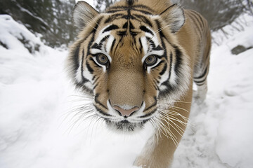 Obraz premium A majestic Siberian tiger stares directly into the camera with intense eyes, its thick fur and long whiskers standing out against the snowy landscape.