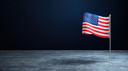 Flag planted on the surface of the moon against a dark starry background