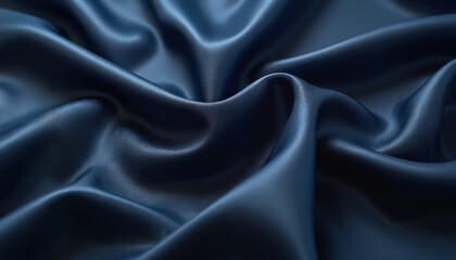 Obraz premium Luxurious navy blue satin fabric with smooth silky texture, beautiful draping. Refined premium quality textile. Flowing glossy clothes background. Serenity calmness evoke mood, emotion for