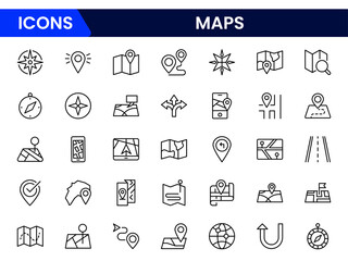 Map icon set. Containing location, GPS, navigation, city map, atlas, route, direction, pin and more. Vector collection.