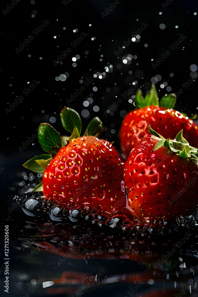 Poster fresh strawberries splashing in water against a dark background, creating a dynamic visual effect