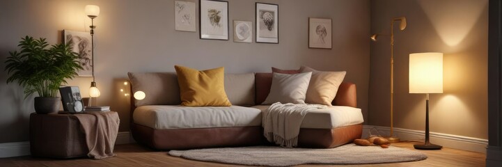 Cozy reading nook with plush pillows and a floor lamp, cozy atmosphere, reading chair