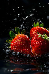 Fresh strawberries splashing in water against a dark background, creating a dynamic visual effect