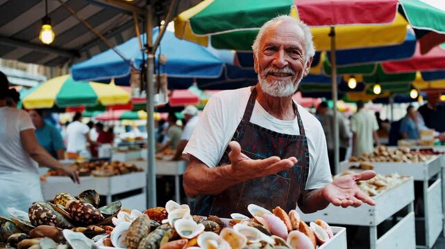 Senior fishmonger wearing stained white apron presenting fresh seafood with enthusiastic gestures at bustling street market under colorful umbrellas