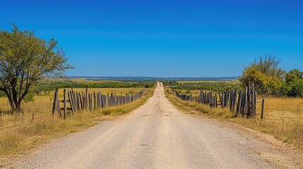 Worn-out dirt road leading through a rural landscape, with wooden fences on the side and a deep blue sky overhead.