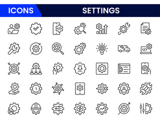 Setting and setup icon set. UI icon set. Contains such icons as gear, adjustments, setup, preferences, options, controls, service, operation icons, and more. Vector illustration