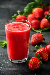 Refreshing strawberry smoothie in a glass with fresh strawberries on a dark textured background