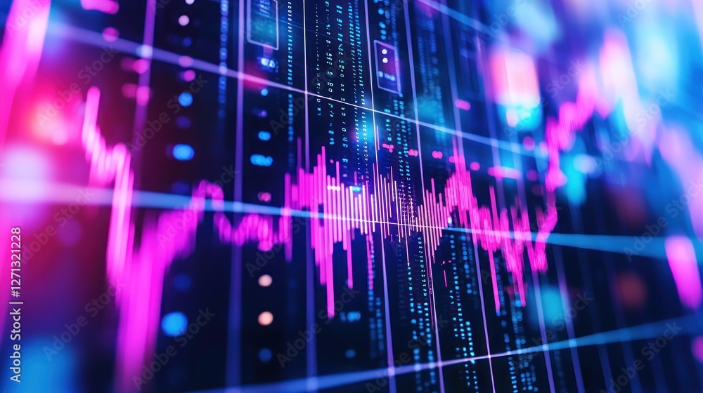 Poster neon stock market data visualization: dynamic financial charts and graphs